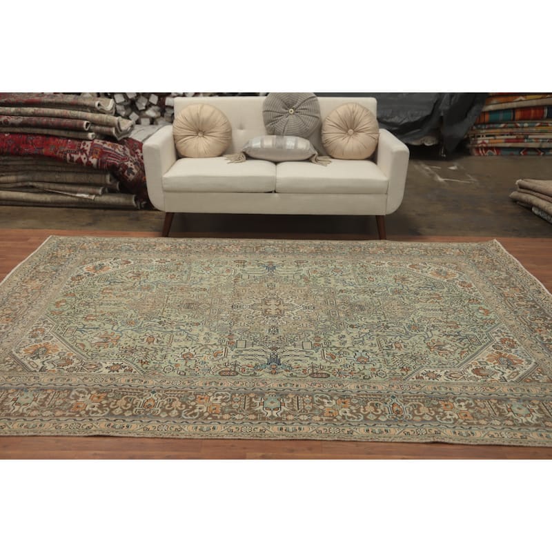 Hand Knotted Oriental 100% Wool Carpet Traditional Floral Green Tabriz Area Rug - 9' 5'' X 6' 5''