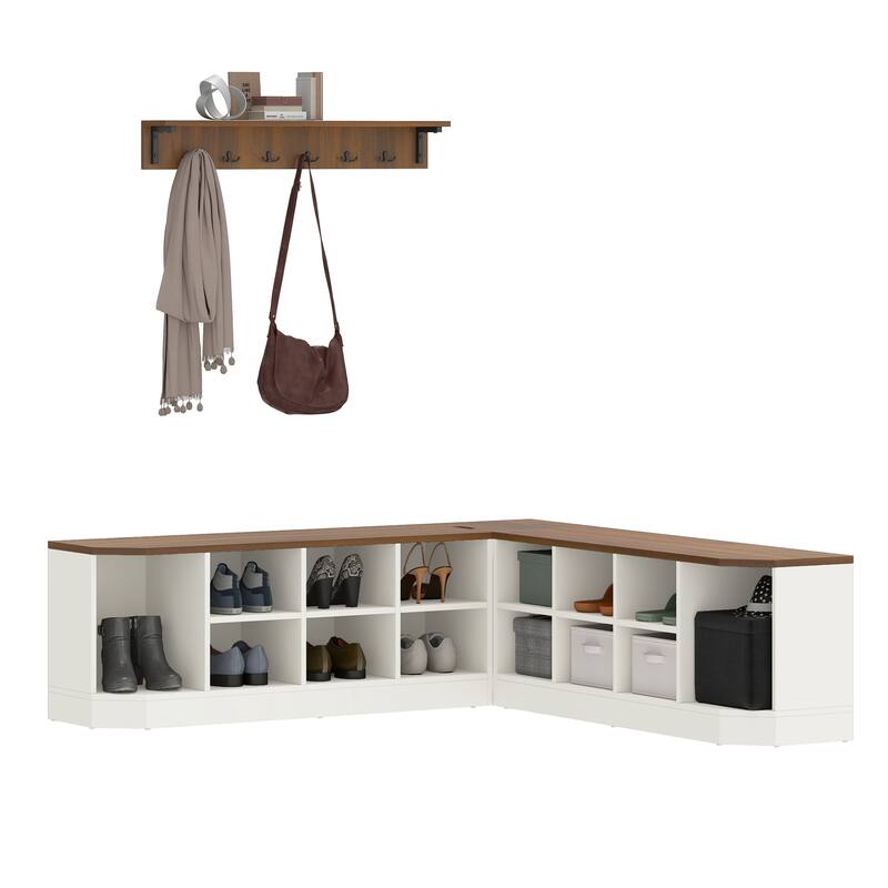 Moasis Corner L-Shaped Shoe Rack with Bench & Hooks