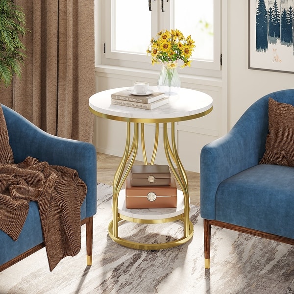Round 2-Tier Side Table - 20x20 Inch Faux Marble Top, Metal Frame, Small Coffee Table For Living Room, Bedroom