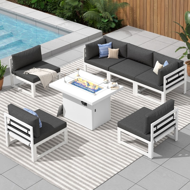 FINCATI White Aluminum Modern Patio Furniture Sectional Sofa Set with Cushion - 7 Pieces-A - Dark Grey