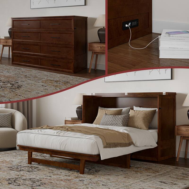 Tucson Murphy Bed Chest with 6" Mattress, Drawer & Built-in Charger - Walnut - Queen