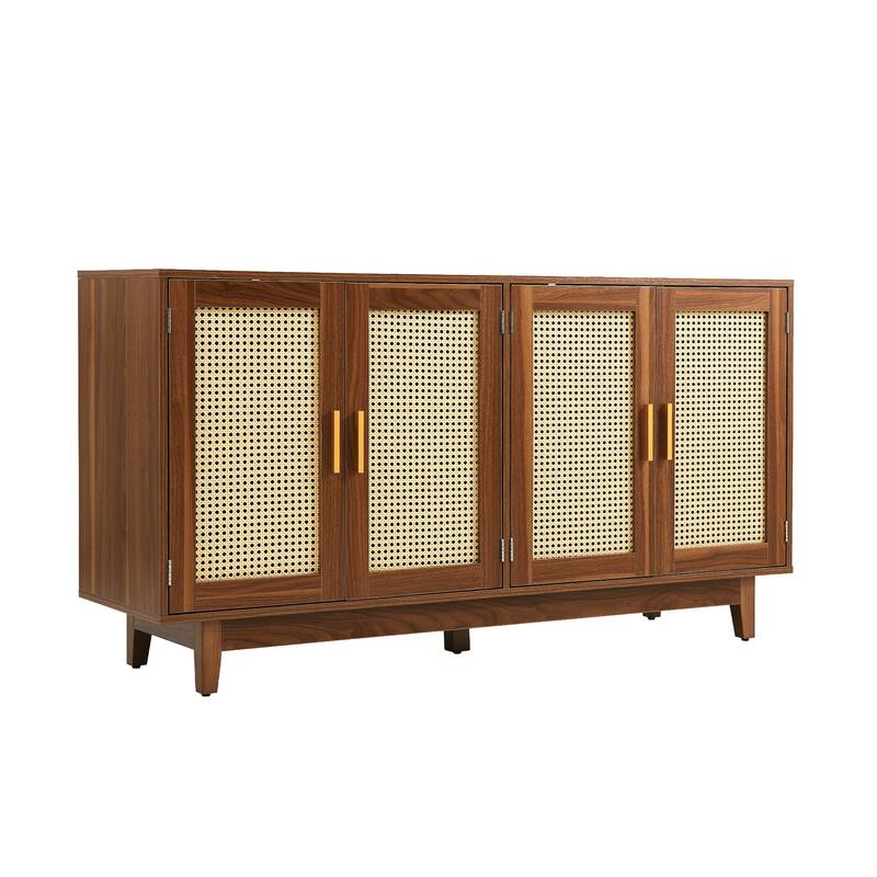 Modern 4 Door Wood Rattan Buffet Sideboard Storage Cabinet