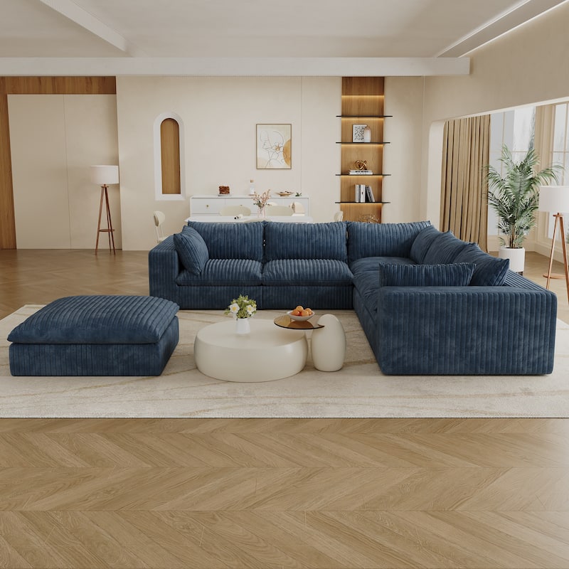 Modular Deep Seat Corner Sofa Corduroy Upholstered L-shaped Sectional Couch with Ottoman and Double-layer Seat Cushions - Blue