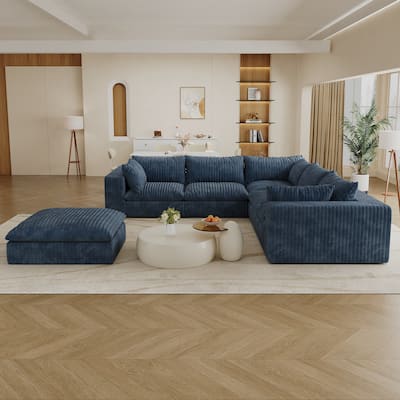 Modular Deep Seat Corner Sofa Corduroy Upholstered L-shaped Sectional Couch with Ottoman and Double-layer Seat Cushions