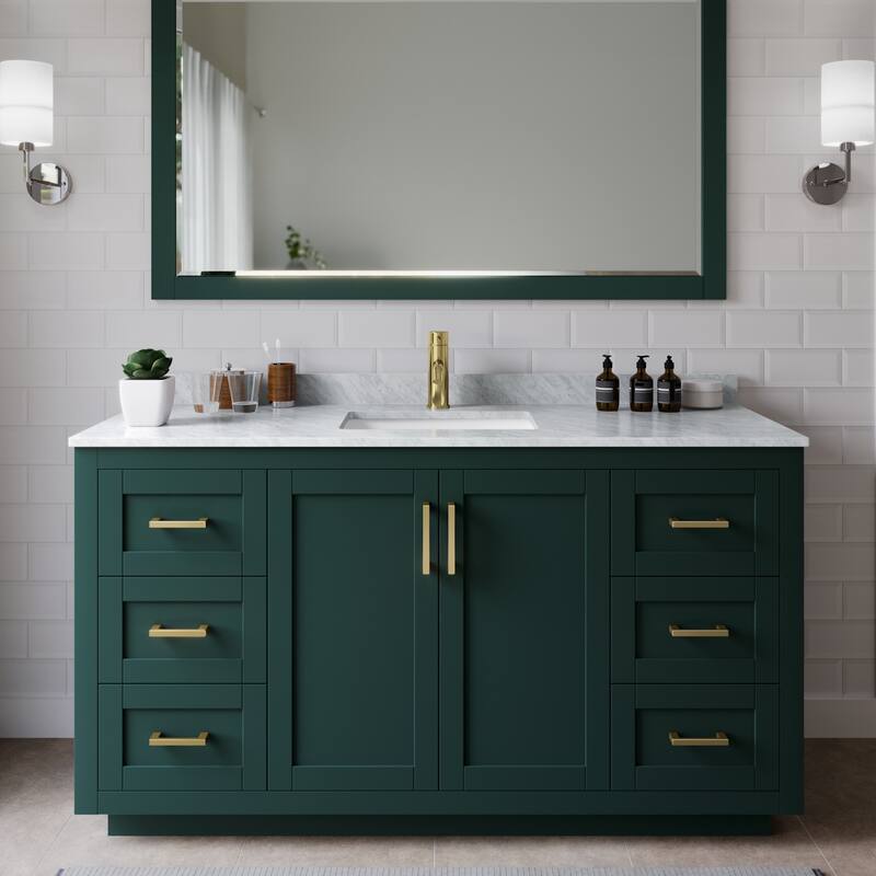 Wyndham Collection Miranda 60" Free Standing Single Basin Vanity Set - Green / White Carrara Marble Top / Brushed Gold