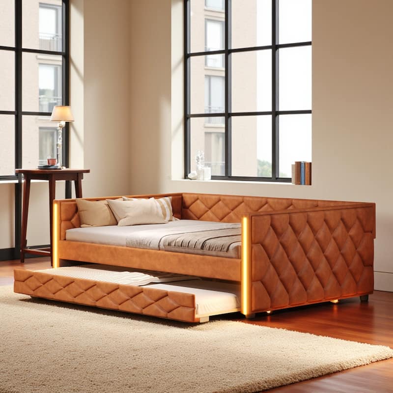 Full XL Upholstered Daybed with Trundle and LED Armrests, PU Leather Sofa Bed with Pull-Out Guest Bed - Brown - Full