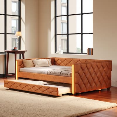 Full XL Upholstered Daybed with Trundle and LED Armrests, PU Leather Sofa Bed with Pull-Out Guest Bed