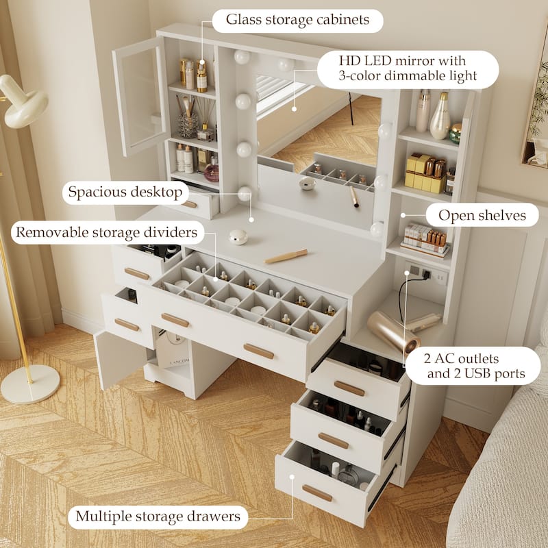 XINMICS Makeup Vanity Dressing Table, Vanity Desk with Mirror and Lights and Charging Station with 7 Drawers & 3 Cabinets