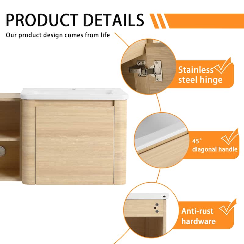 Bathroom Vanity With Sink In 24/28/36/40/60/68 Inch, Floating Bathroom Vanity With Soft Close Door