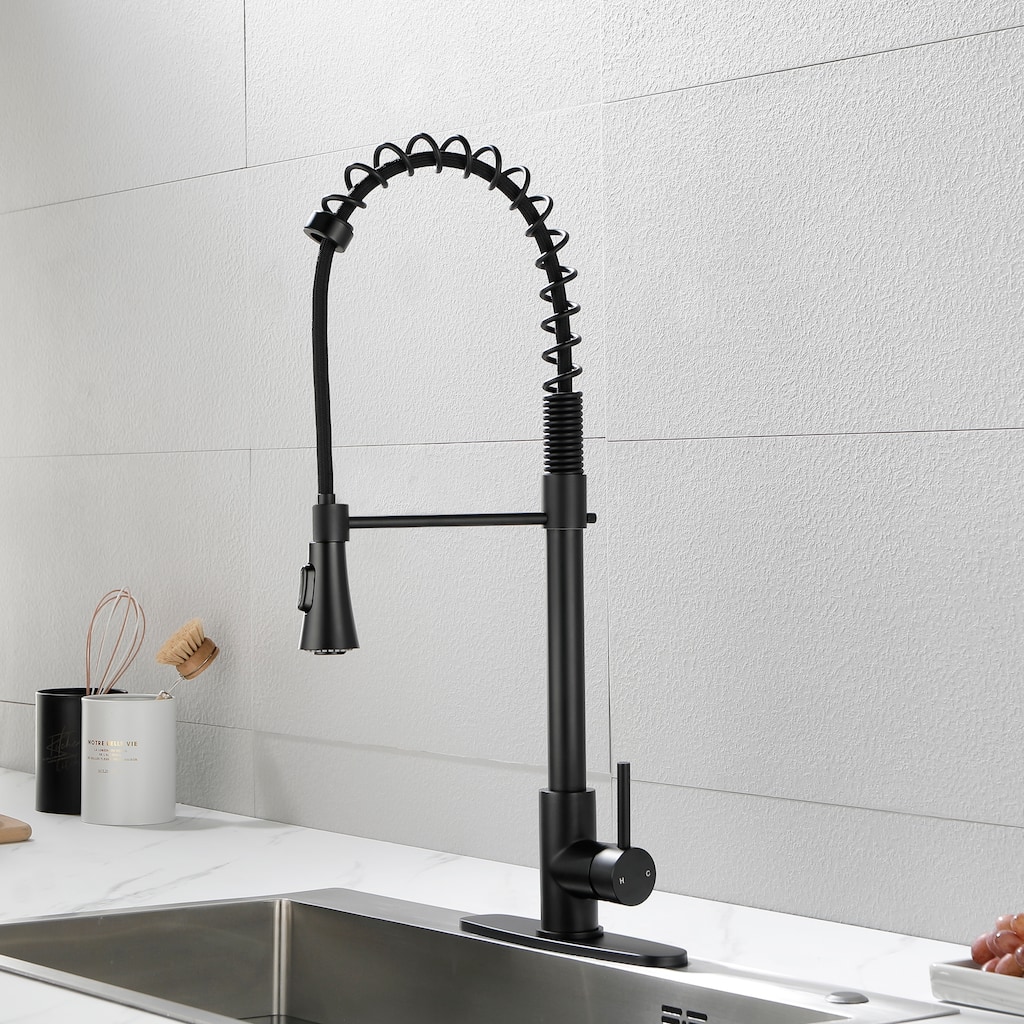 Modern Single Handle Pull-Down Kitchen Faucet with Deck Plate, 2-Function Sprayer