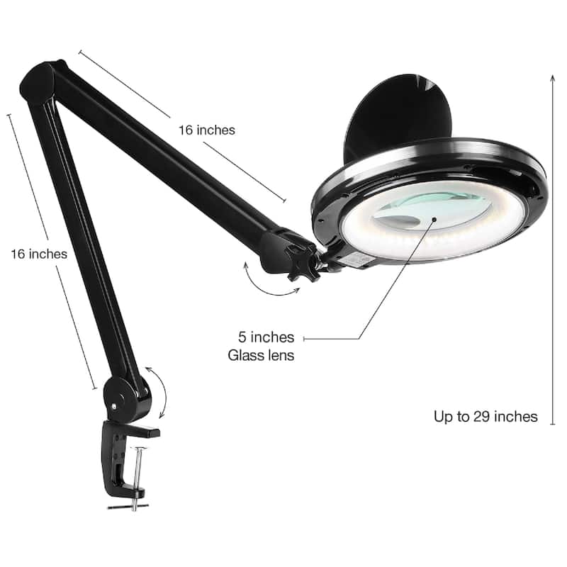 Brightech Lightview Pro 33" Classic Black Plug-in Adjustable Swing Arm Integrated 2.25X Magnifying Dimmable LED Desk Clamp Lamp