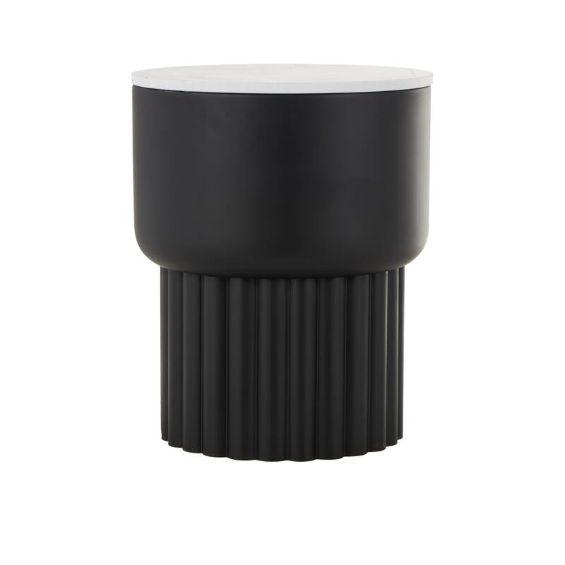 Black Metal Ribbed Side End Accent Table with White Marble Tabletop