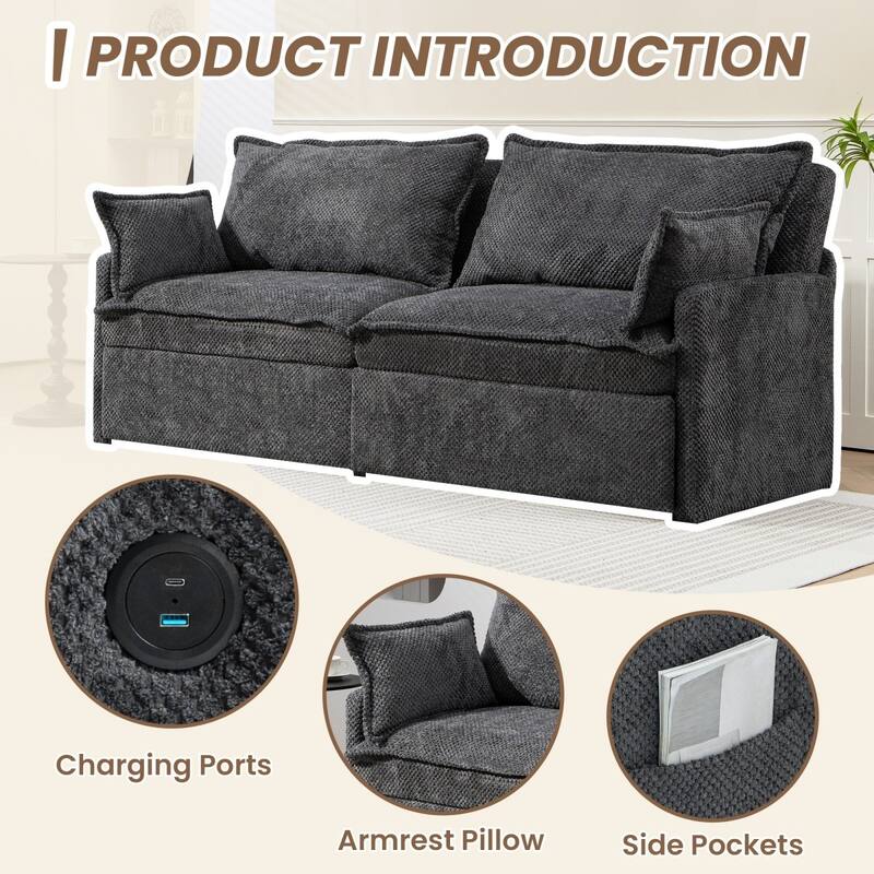 73.6" Corduroy Convertible 3-in-1 Sofa Bed with Charging Ports