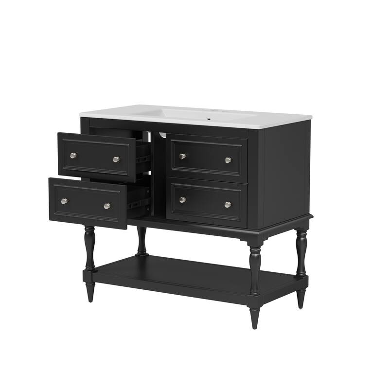 Bathroom Vanity with Ceramic Sink, Solid Wood Vanity Set with 4 Drawers, Bathroom Storage Cabinet with Open Shelf