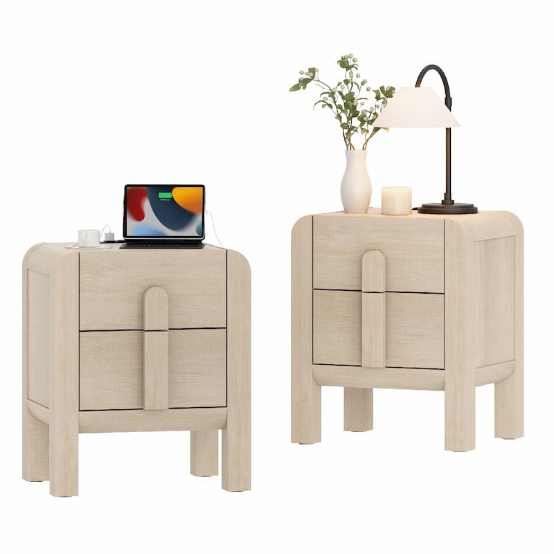 WAMPAT Modern Wood Nightstand With 2 Drawers ,Curved Mid-Century End Table With Built-In Charging Station For Bedroom
