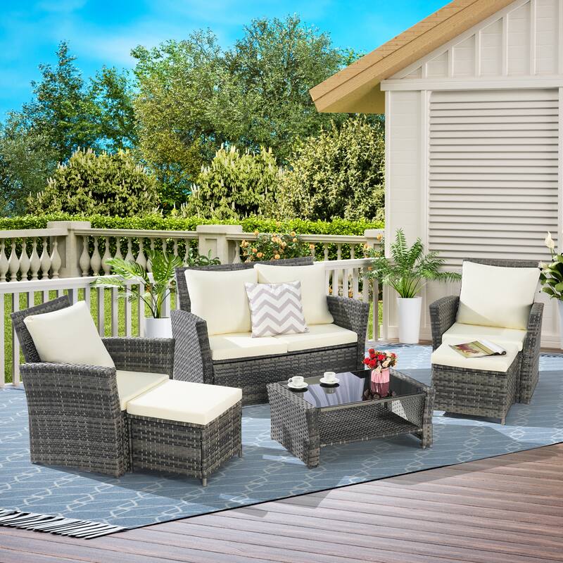 6 Piece Wicker Patio Furniture Sets, Outdoor Sectional Conversation Set with Ottoman and Tempered Glass Coffee Table