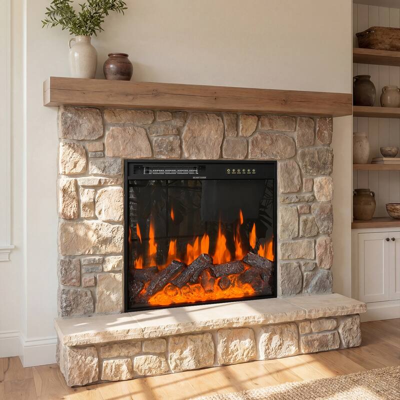 Black Electric Fireplace Insert, 1500W 110V Heater with 12-Color Flame, 5-Level Brightness, High/Low Heat Settings