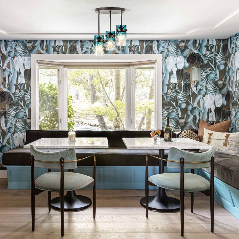 1/3-Light Coastal Matte Black Adjustable Pendant Light with Gradient Blue Hammered Cylinder Glass for Kitchen Island