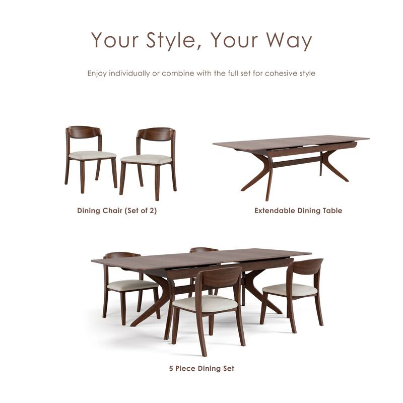 Furniture of America Abigail IV Mid-Century Modern 5-Piece Rich Walnut Solid Wood Extendable Dining Set with Self-Storing Leaf