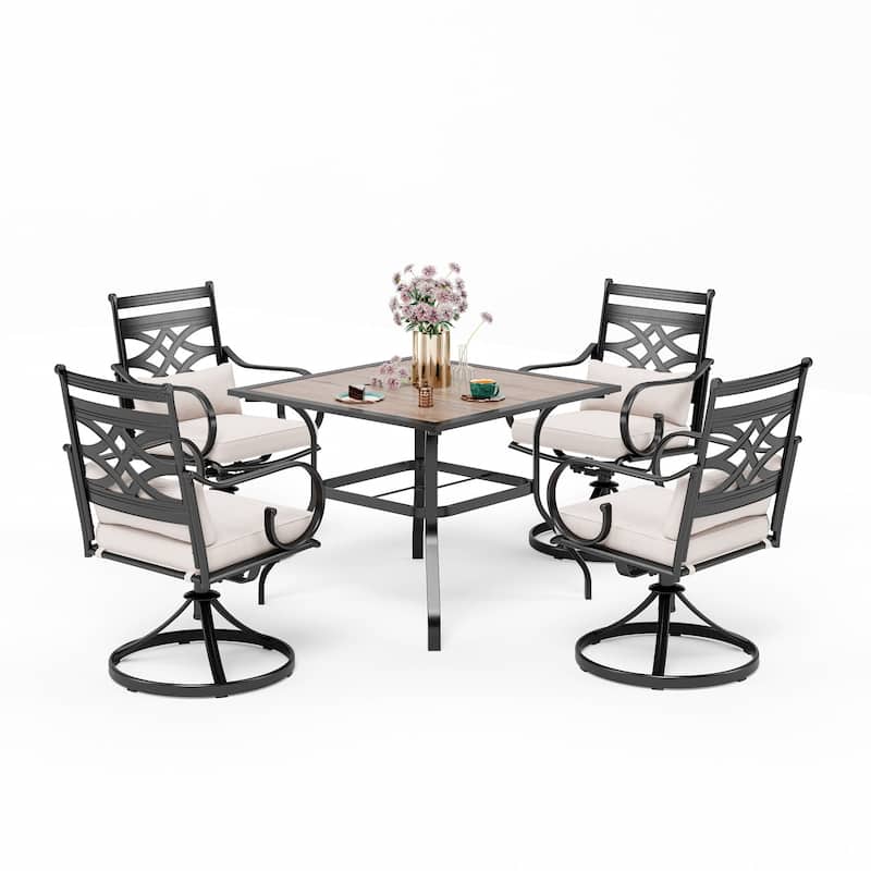 MAISON ARTS Wood-look Table and 4 Pattern Swivel Chairs with Cushion 5-Piece Metal Outdoor Patio Dining Set