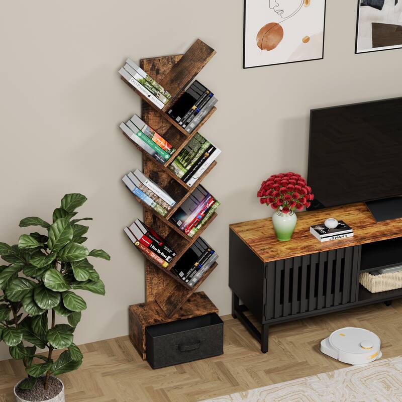 9 Tier Tree Bookshelf with Drawer Bookcase, Modern Book Storage, Free Standing Tree Bookcase, Utility Organizer Shelves