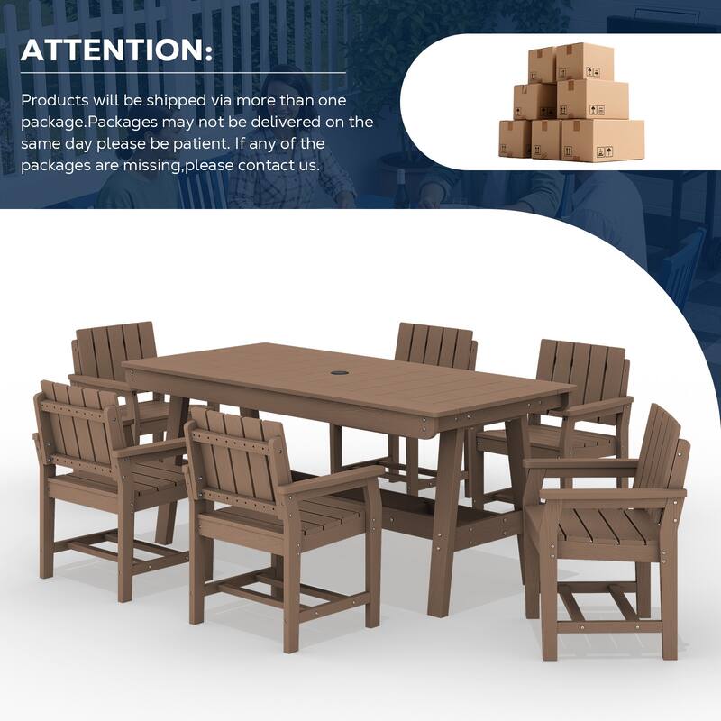 7-Piece HDPE Outdoor & Indoor Dining Set, Rectangular 67.91in W Table with Umbrella Hole and 6 Chairs Set of 7, Wood-Look Finish