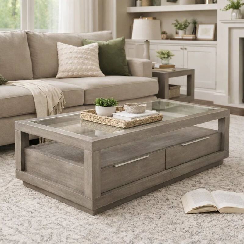 Wave 54 Inch Coffee Table, Glass Top, 2 Drawers, Natural Gray Acacia Wood