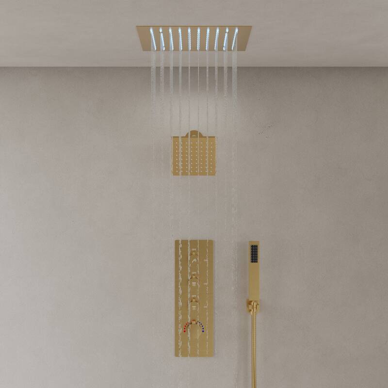 GRANDJOY LED 12" Rainfall Shower System Dual Shower Heads with 2-Handle Bathroom Sink Faucets Combo Set