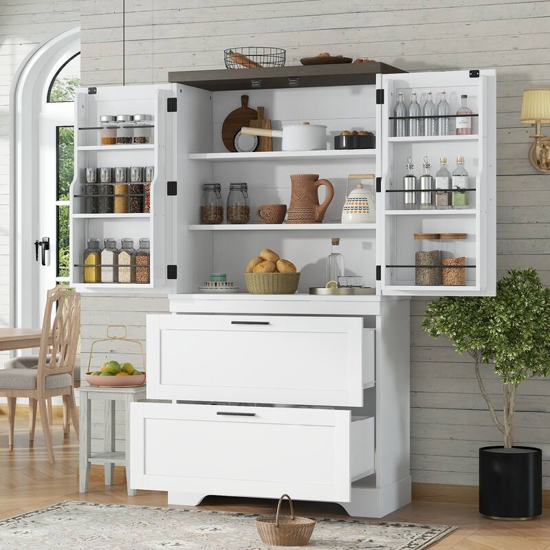 Modern Farmhouse Style Wooden Cabinet with Sturdy Frame with Inside Door Storage Divider with Drawers - White