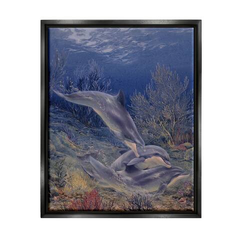 Stupell Industries Shell Game Underwater Dolphins Framed Floater Canvas Wall Art by Linda Thompson