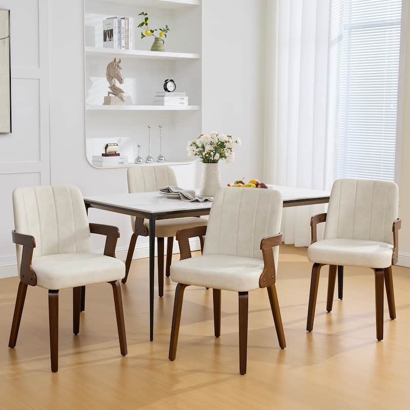 Mid-century Modern Upholstered Dining Chairs Bentwood Side Chairs with Armrests - 34.3"H x 19.9"W x 22.1"D - Set of 4 - Beige