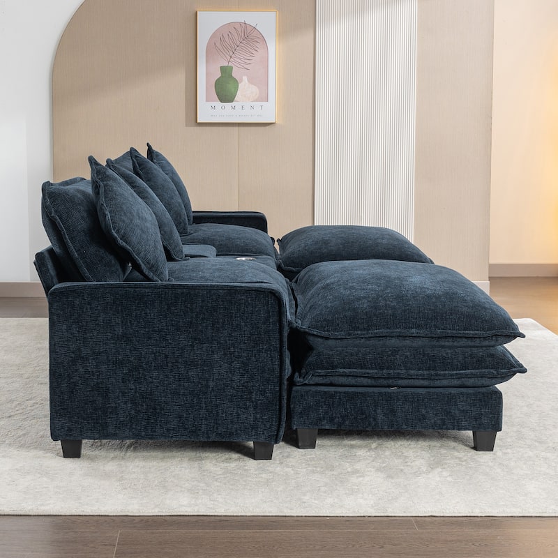 Roomfitters Chenille Sectional Sofa with 2 Ottomans, USB Ports, Cup Holders and Storage Box for Living Room