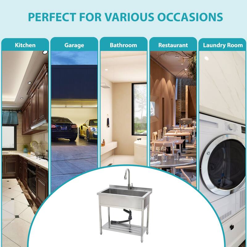 36 Inch Freestanding Integrated Single Bowl 18 Gauge Stainless Steel Kitchen Sink with Pull-Out Faucet - 36'' x 21'' x 35.5''