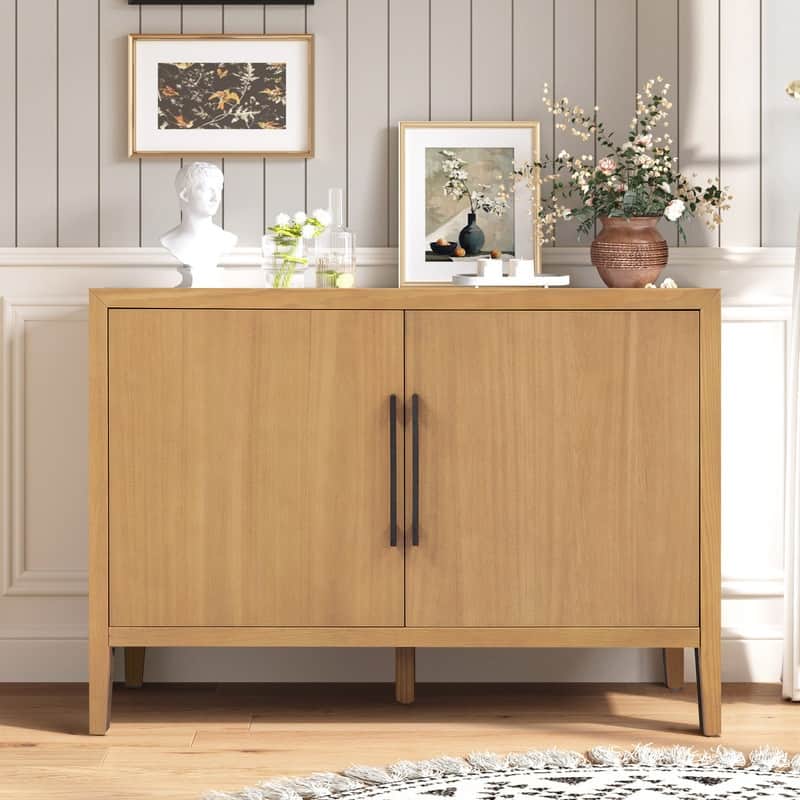 Farmhouse Sideboard Cabinet, Stylish Pine Veneer Design with Double Doors and Adjustable Feet for Storage - Dark Brown