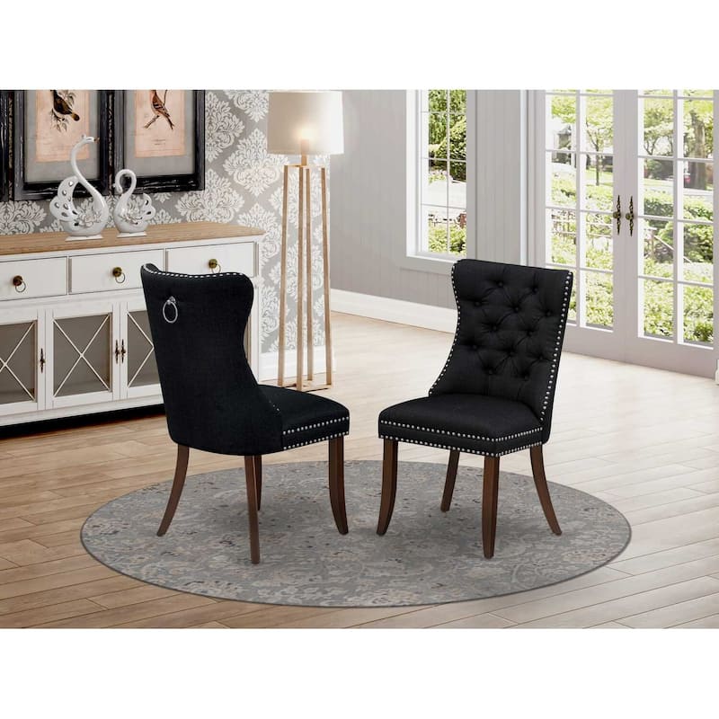 Parson Dining Chairs Set of 2 - Black Linen Fabric Padded Chairs with Nailhead Trim - Elegant Kitchen Chairs