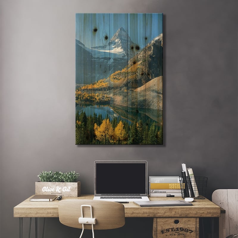 Larch Trees In Autumn Below Mount Assiniboine With Sunburst Lake, British Columbia, Canada Print On Wood by Kevin Schafer