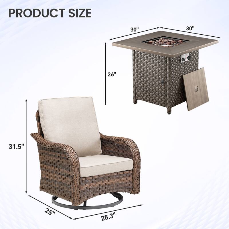Pocassy Patio Funiture Sofa Swivel Chair Ottoman with Fire Table Set
