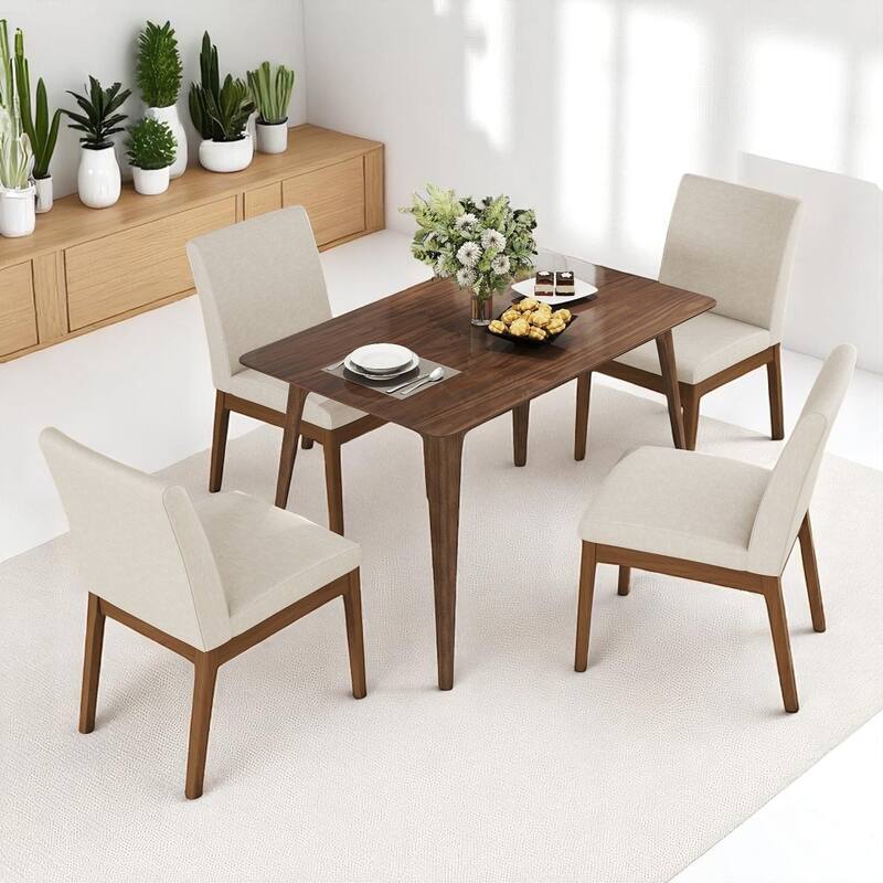 5-Piece Dining Table Set with Faux Wood Top Table and Upholstered Rubberwood Chairs, Modern Style - Walnut Beige