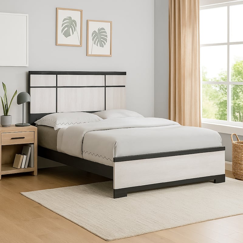 Ruthe King Panel Bed with Horizontal Trim Lines, White Grained Wood