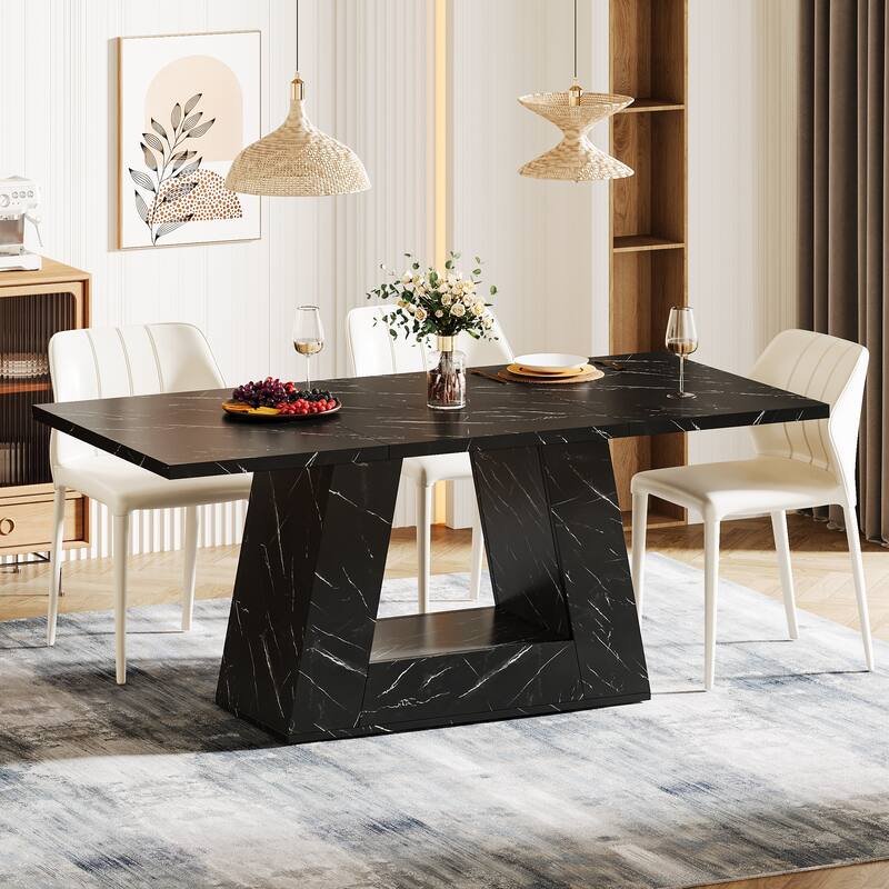 Farmhouse Modern Wooden Faux Marble Dinner Table with Sturdy Base