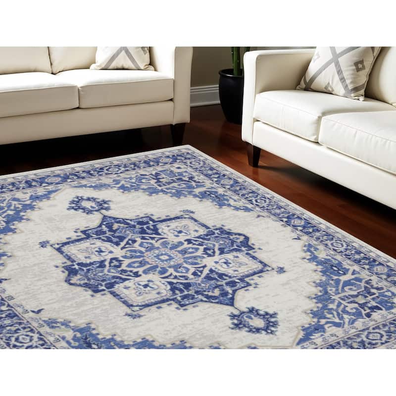 Boviz Power Loomed Distressed Floral Non Skid Stain Resistant Area Rug By HomeRoots - 120' X '84' X '0.39 - 120' X '84' X '0.39 - Oxford Blue - Rectangle