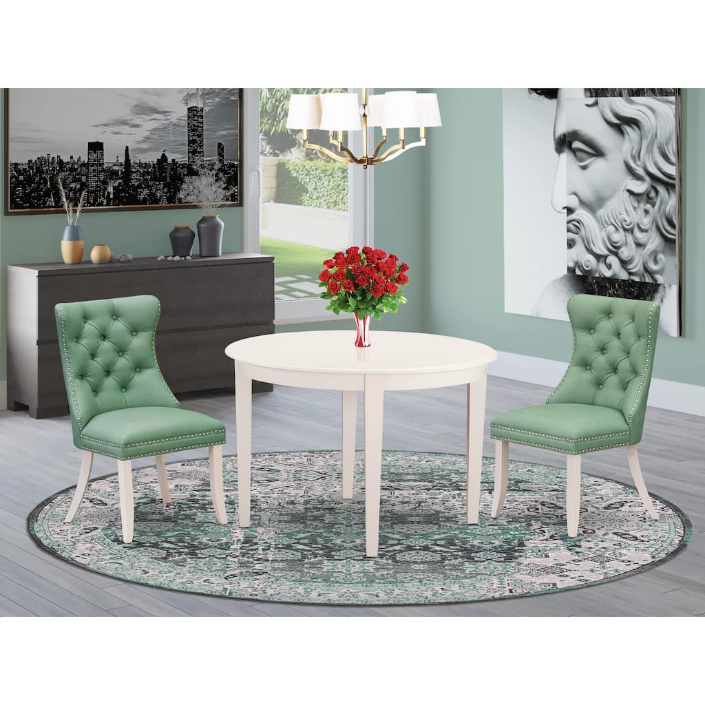 East West Furniture Dining Table Set Contains a Round Kitchen Table and Parson Chairs, Linen White (Pieces Options)