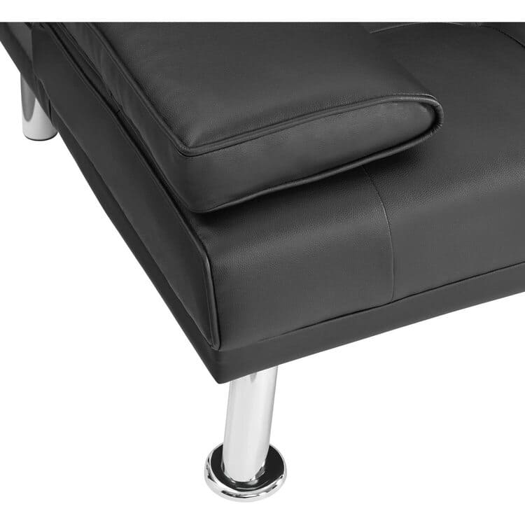 Convertible Futon Sofa Bed with Armrests & Cupholders - Faux Leather Reclining Couch for Small Spaces