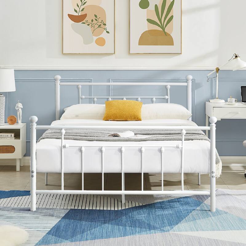 White White Victorian Metal Bed Frame Full Size Heavy Duty Platform Bed Frame with Headboard & Footboard No Box Spring Needed