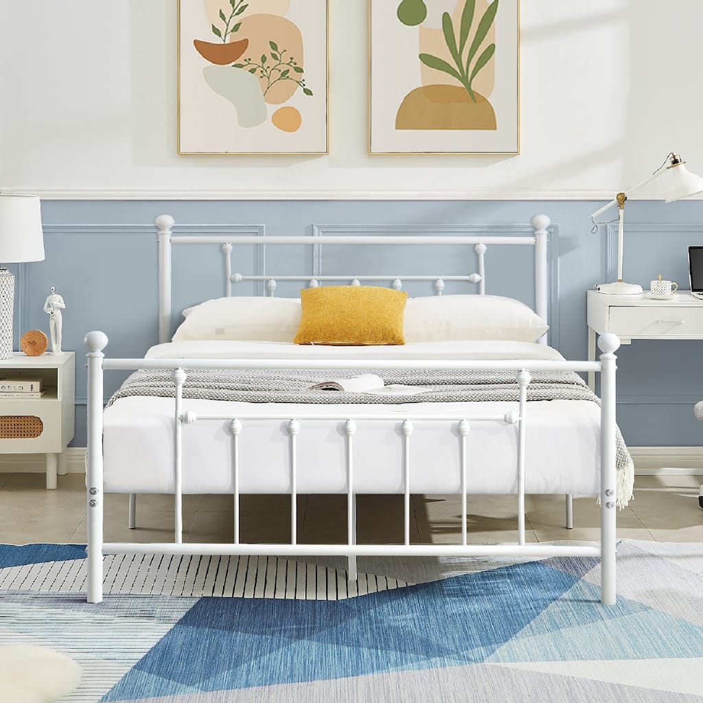White White Victorian Metal Bed Frame Full Size Heavy Duty Platform Bed Frame with Headboard & Footboard No Box Spring Needed