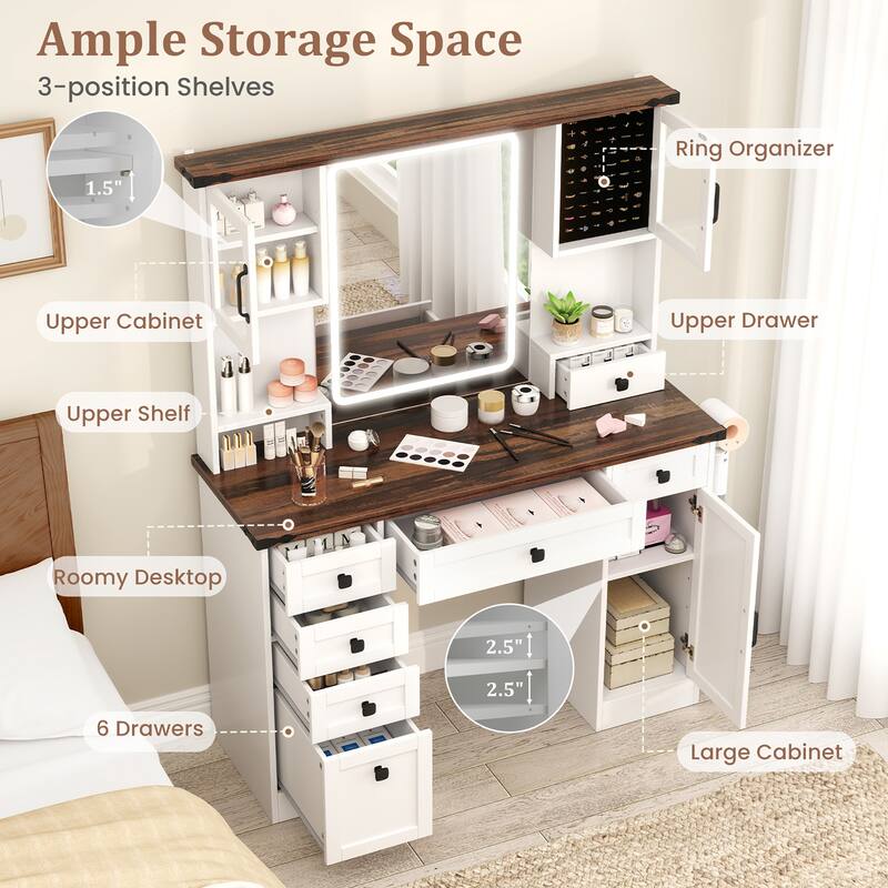 Gymax Farmhouse Vanity Desk w/ Lighted Mirror Makeup Vanity Table w/ 3