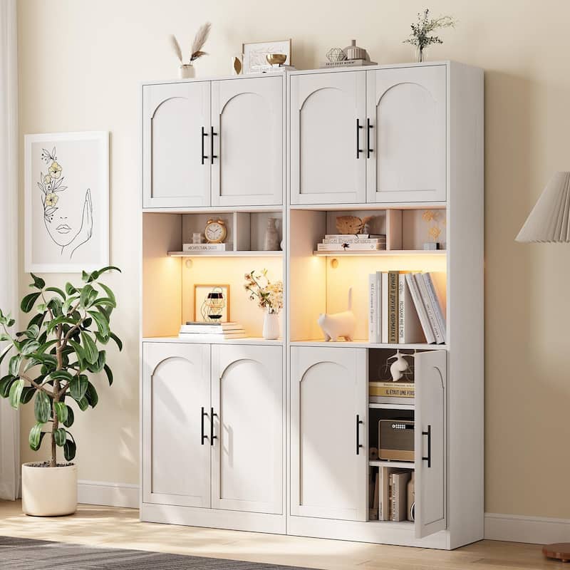 71" Tall Kitchen Pantry Storage Cabinet with Microwave Shelf and LED Light, Hutch Cabinet with Doors and Adjustable Shelves