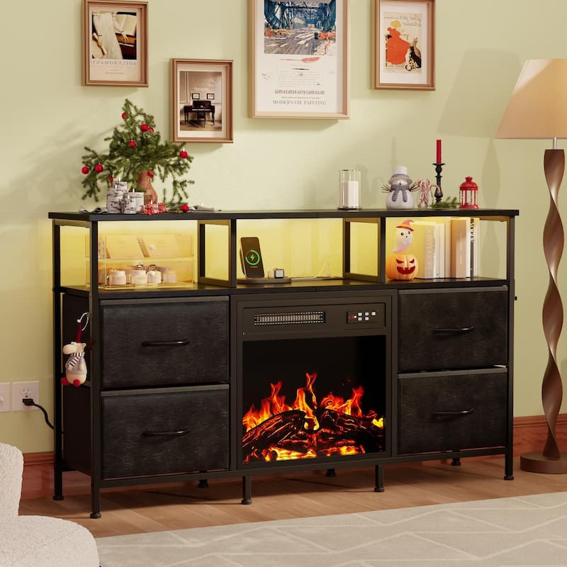 BOSSIN Fireplace TV Stand & Entertainment Center with LED Lights, 4 PU Leather Drawers, Open Shelves, and Built-in Power Outlets