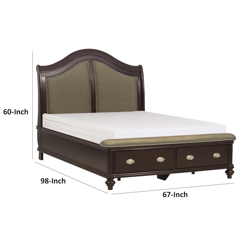 Stoe Queen Sleigh Bed, Padded Headboard, Storage Footboard, Brown Wood