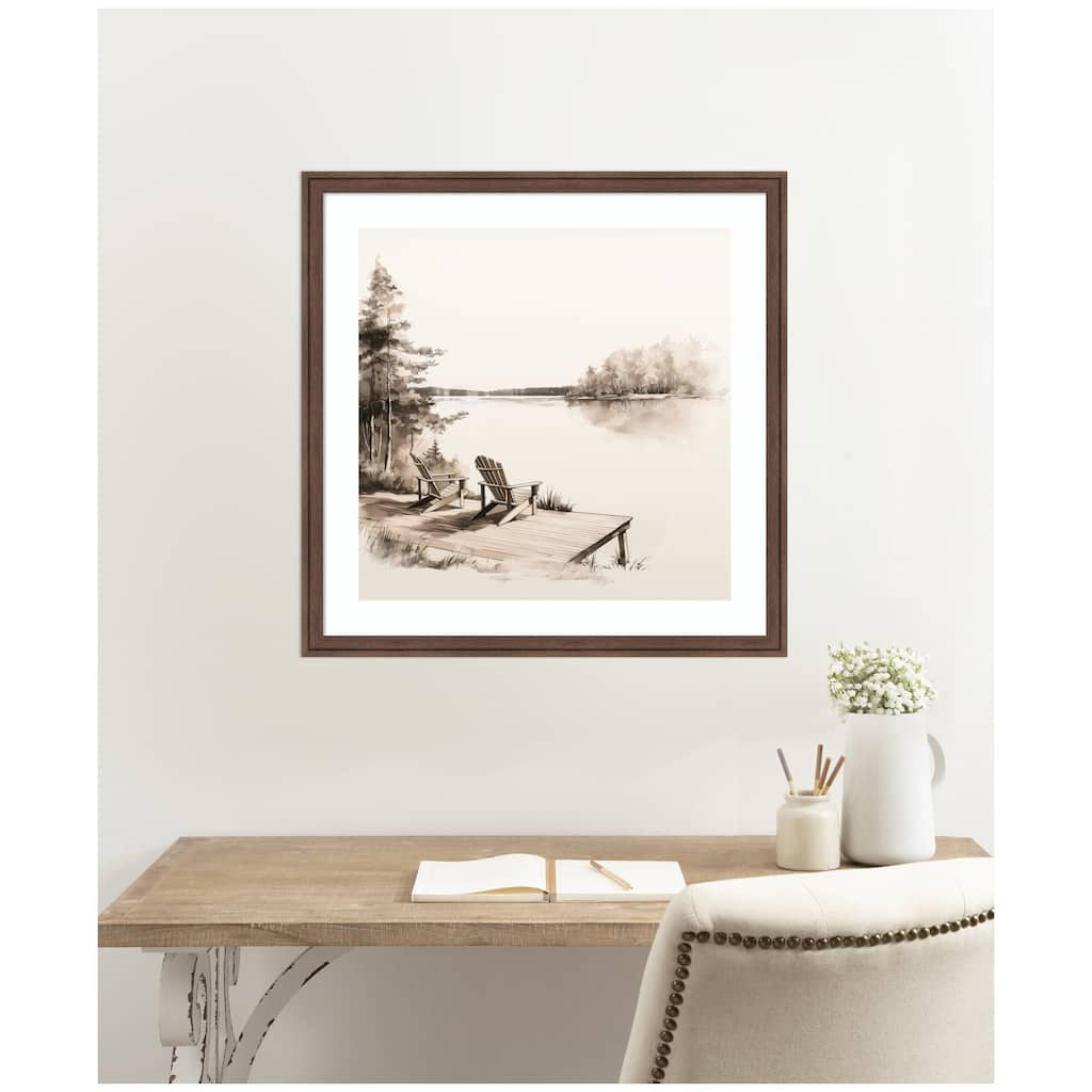 Kate and Laurel Abstract Sketch Of Adirondack Chairs On A Dock by The Creative Bunch Studio Framed Wall Art Print